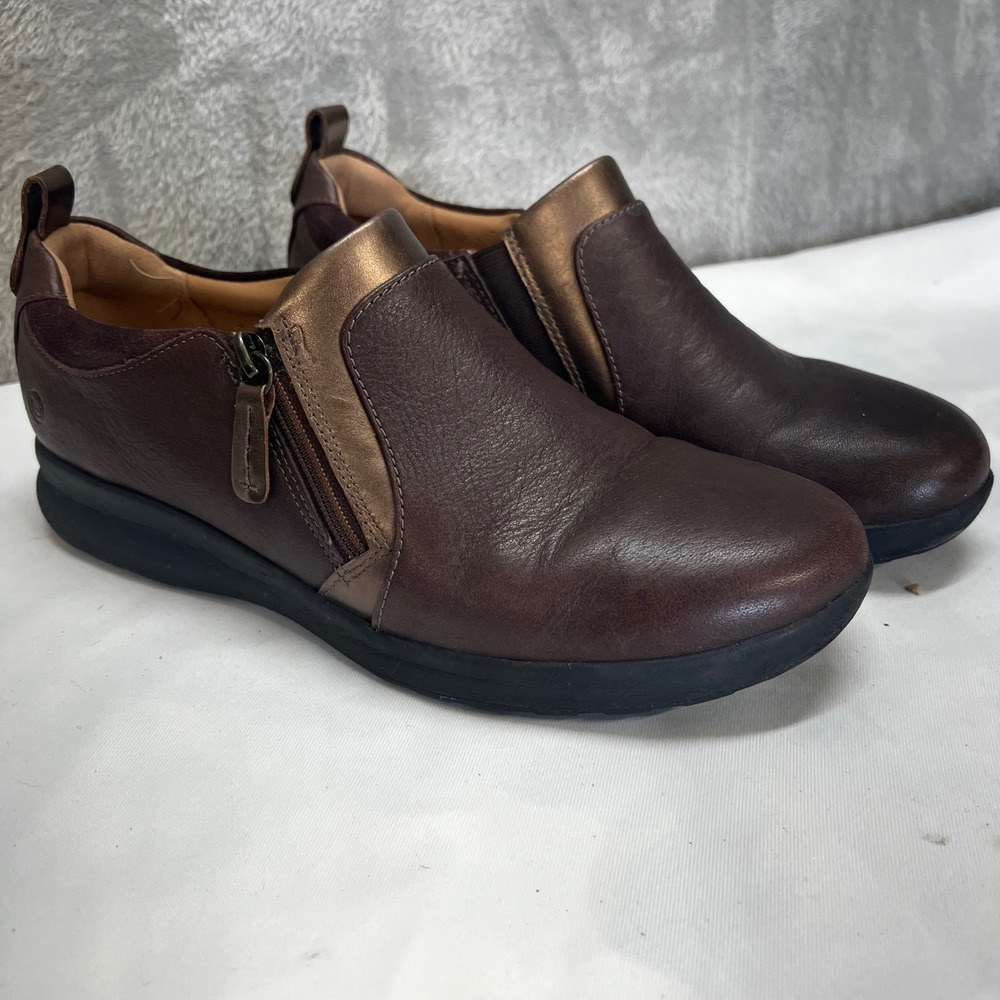 Clarks Unstructured Un‎ Adorn Zip Dark Brown Leather Bronze Shoes Womens 9 M